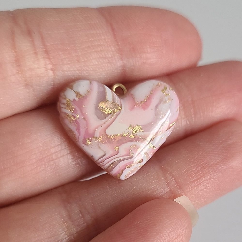Hand Crafted Pink White Gold Faux Agate Rhodocrosite Chunky Puffy Heart Pendant